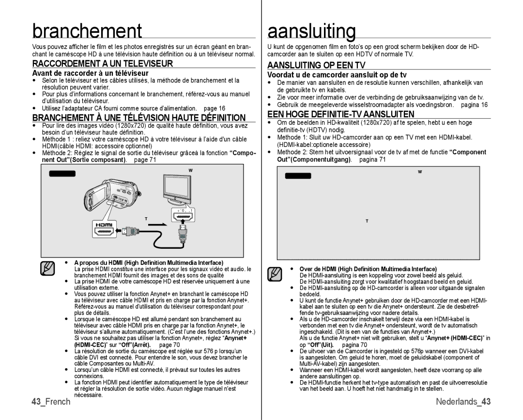 Samsung VP-HMX10C/XEF, VP-HMX10/XEF manual Branchement, Raccordement a UN Televiseur, Aansluiting OP EEN TV 