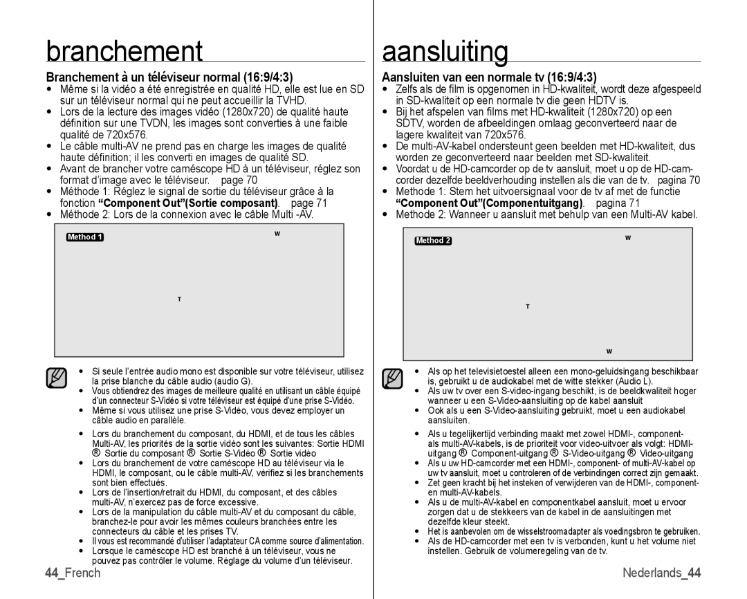 Samsung VP-HMX10/XEF manual Branchement à un téléviseur normal 169/43, Aansluiten van een normale tv 169/43, 44French 