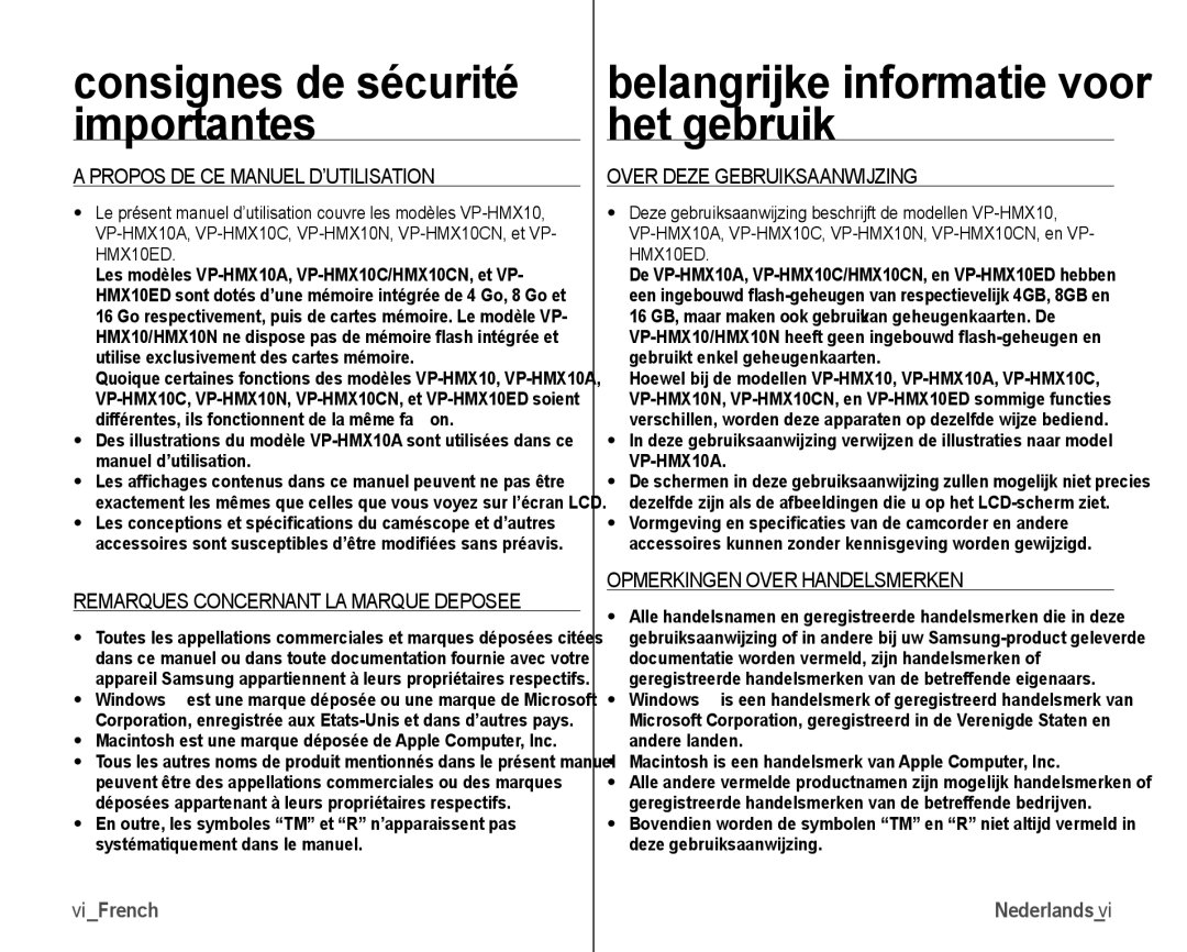 Samsung VP-HMX10/XEF, VP-HMX10C/XEF Propos DE CE Manuel D’UTILISATION, Remarques Concernant LA Marque Deposee, ViFrench 