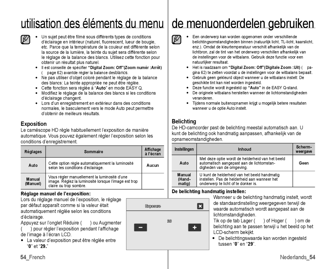 Samsung VP-HMX10/XEF Belichting, Exposition, Opnameomstandigheden, Aarde automatisch wordt aangepast aan de, Ou Augmenter 