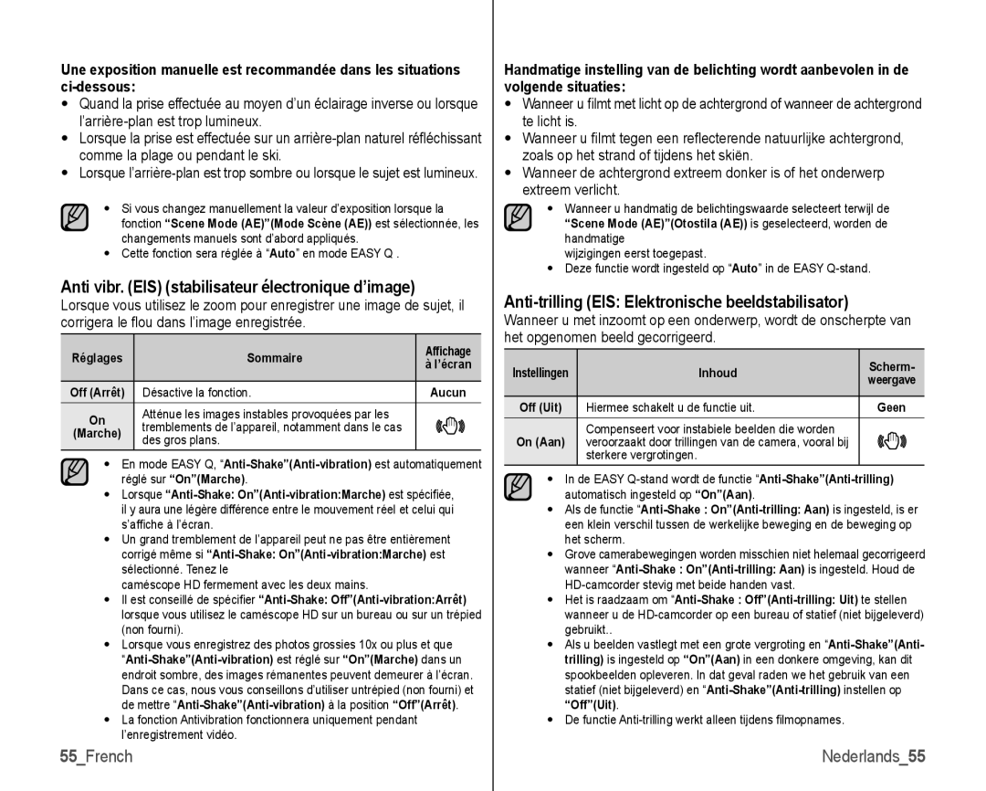 Samsung VP-HMX10C/XEF, VP-HMX10/XEF Anti-trilling EIS Elektronische beeldstabilisator, 55French, Désactive la fonction 