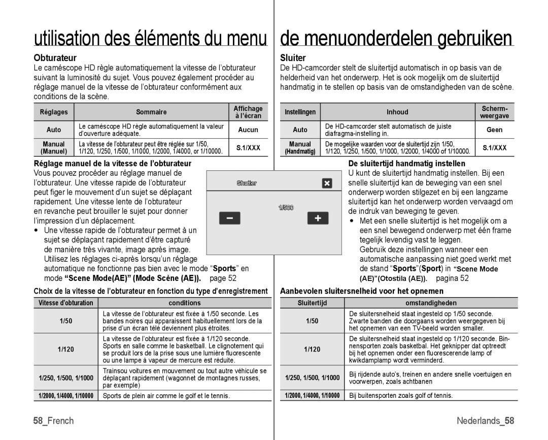 Samsung VP-HMX10/XEF, VP-HMX10C/XEF manual Obturateur, Sluiter, 58French 