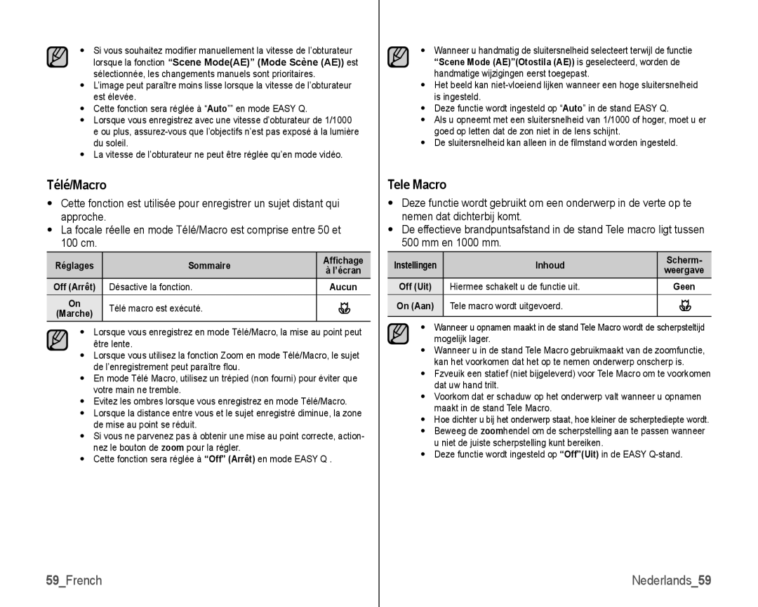 Samsung VP-HMX10C/XEF manual Télé/Macro, Tele Macro, 59French, Télé macro est exécuté, On Aan Tele macro wordt uitgevoerd 