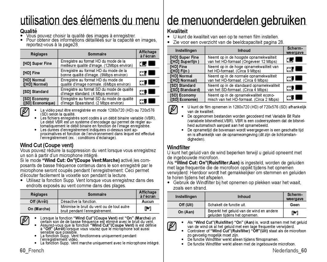 Samsung VP-HMX10/XEF, VP-HMX10C/XEF manual Qualité, Wind Cut Coupe vent, Kwaliteit, Windﬁlter, 60French 