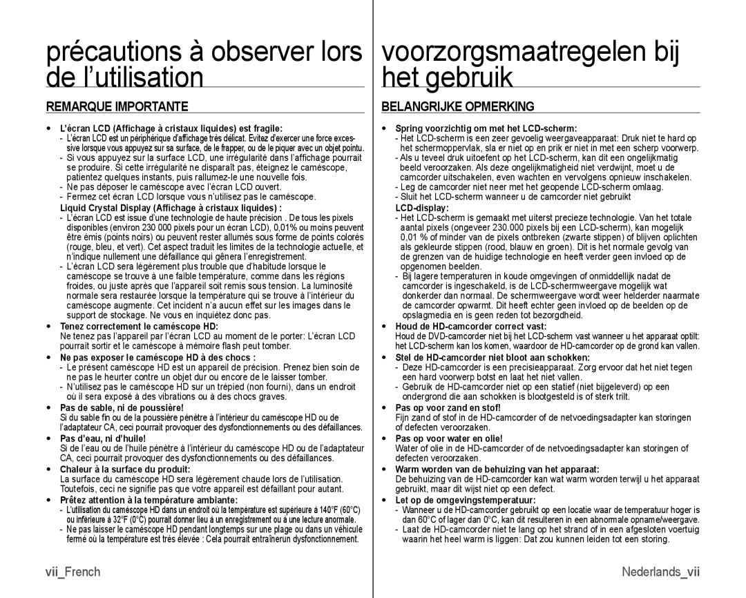 Samsung VP-HMX10C/XEF manual Précautions à observer lors de l’utilisation, Voorzorgsmaatregelen bij het gebruik, ViiFrench 