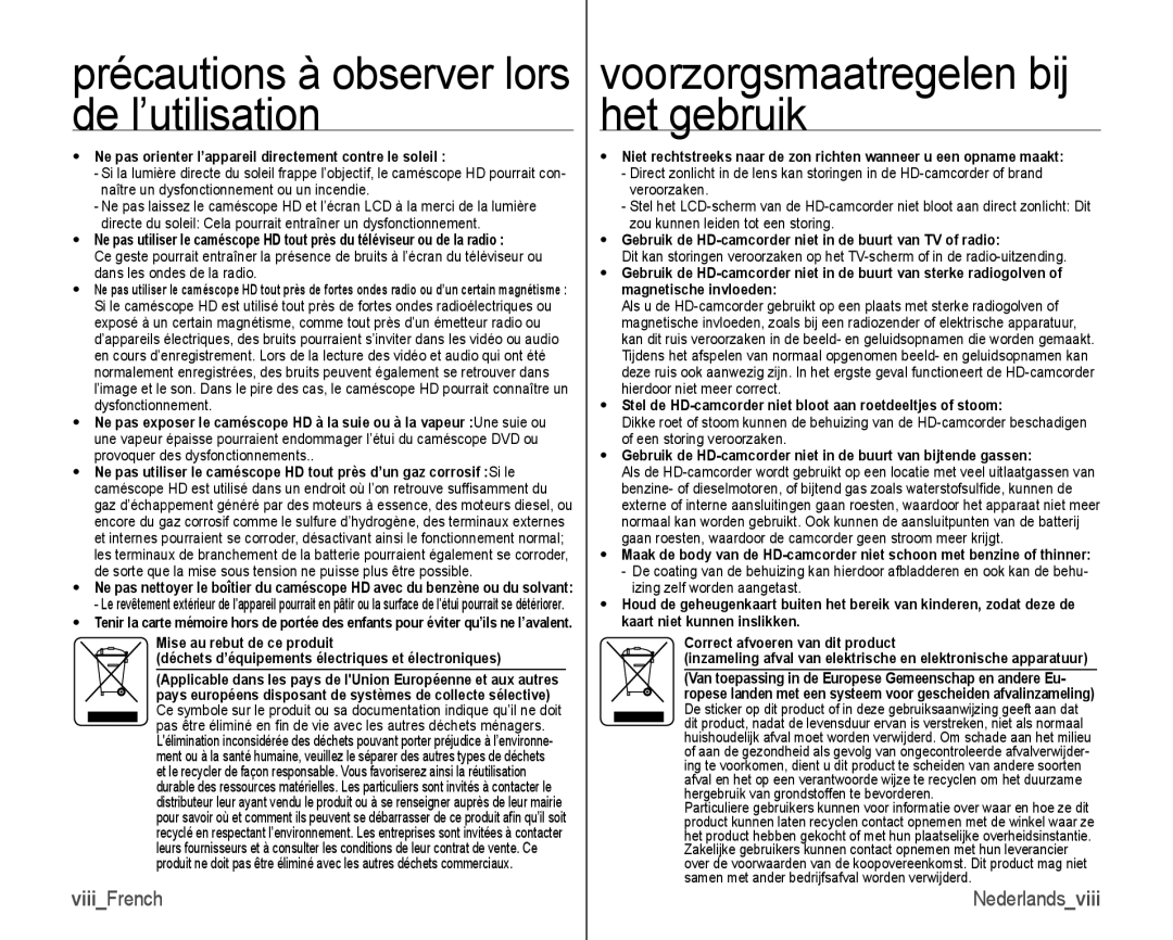 Samsung VP-HMX10/XEF, VP-HMX10C/XEF manual ViiiFrench, Ne pas orienter l’appareil directement contre le soleil 