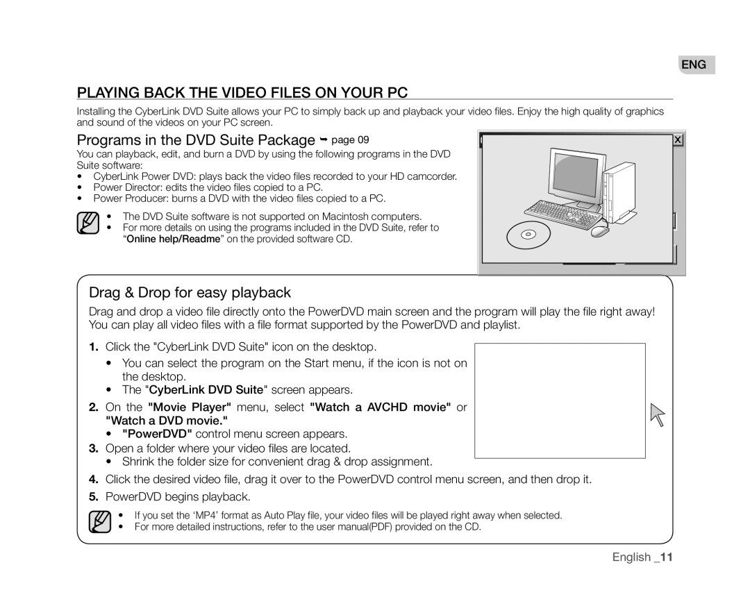 Samsung VP-HMX20C/NWT, VP-HMX20C/EDC manual Playing Back the Video Files on Your PC, Programs in the DVD Suite Package  