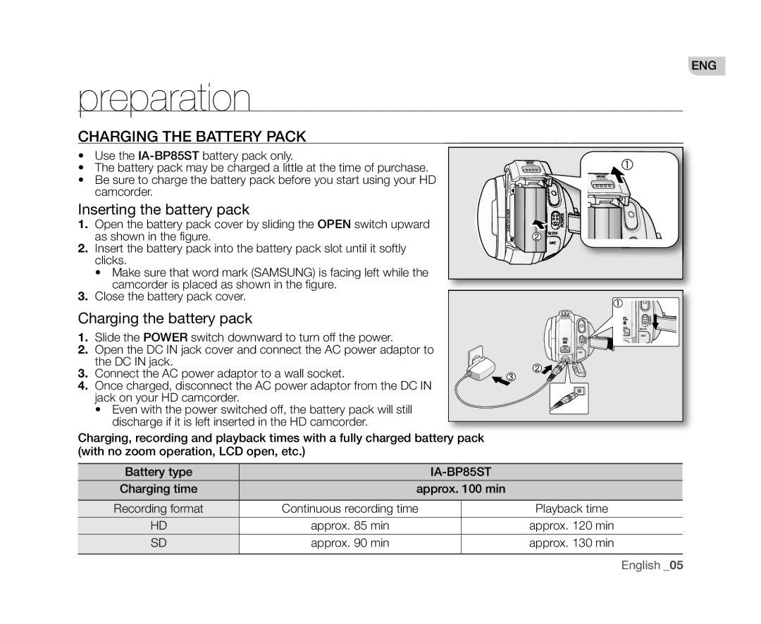 Samsung VP-HMX20C/XER manual Preparation, Charging the Battery Pack, Inserting the battery pack, Charging the battery pack 