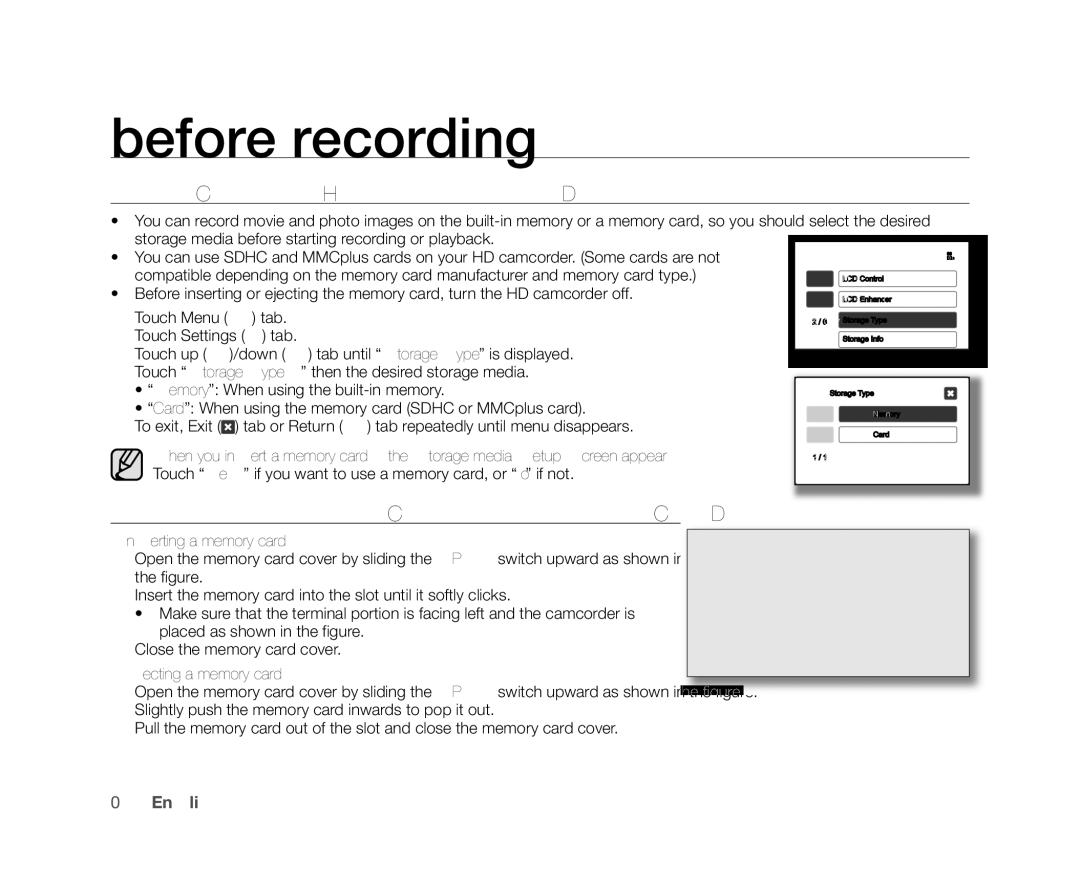 Samsung VP-HMX20C/XEK, VP-HMX20C/EDC manual Before recording, Selecting the Storage Media, INSERTING/EJECTING a Memory Card 