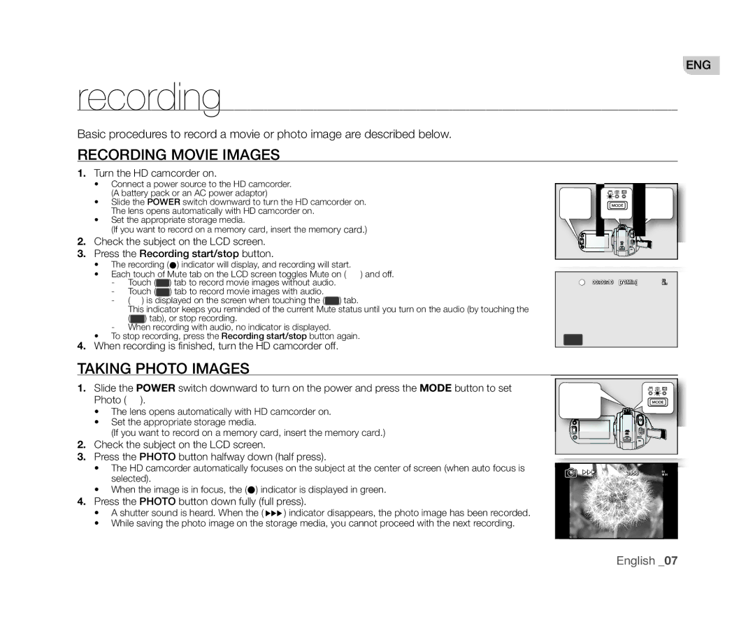 Samsung VP-HMX20C/EDC, VP-HMX20C/CAN, VP-HMX20C/XEU, VP-HMX20C/XEE manual Recording Movie Images, Taking Photo Images 