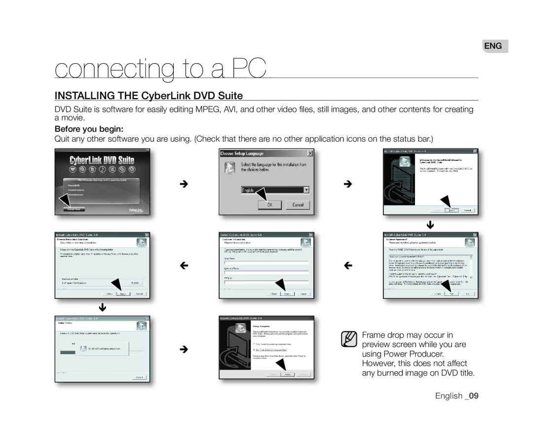 Samsung VP-HMX20C/XEU, VP-HMX20C/EDC, VP-HMX20C/CAN, VP-HMX20C/XEE Connecting to a PC, Installing the CyberLink DVD Suite 