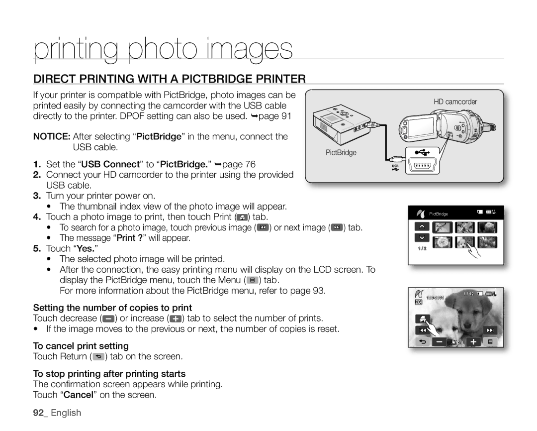 Samsung VP-HMX20C/XEU, VP-HMX20C/EDC, VP-HMX20C/CAN, VP-HMX20C/XEE manual Direct Printing with a Pictbridge Printer, USB cable 