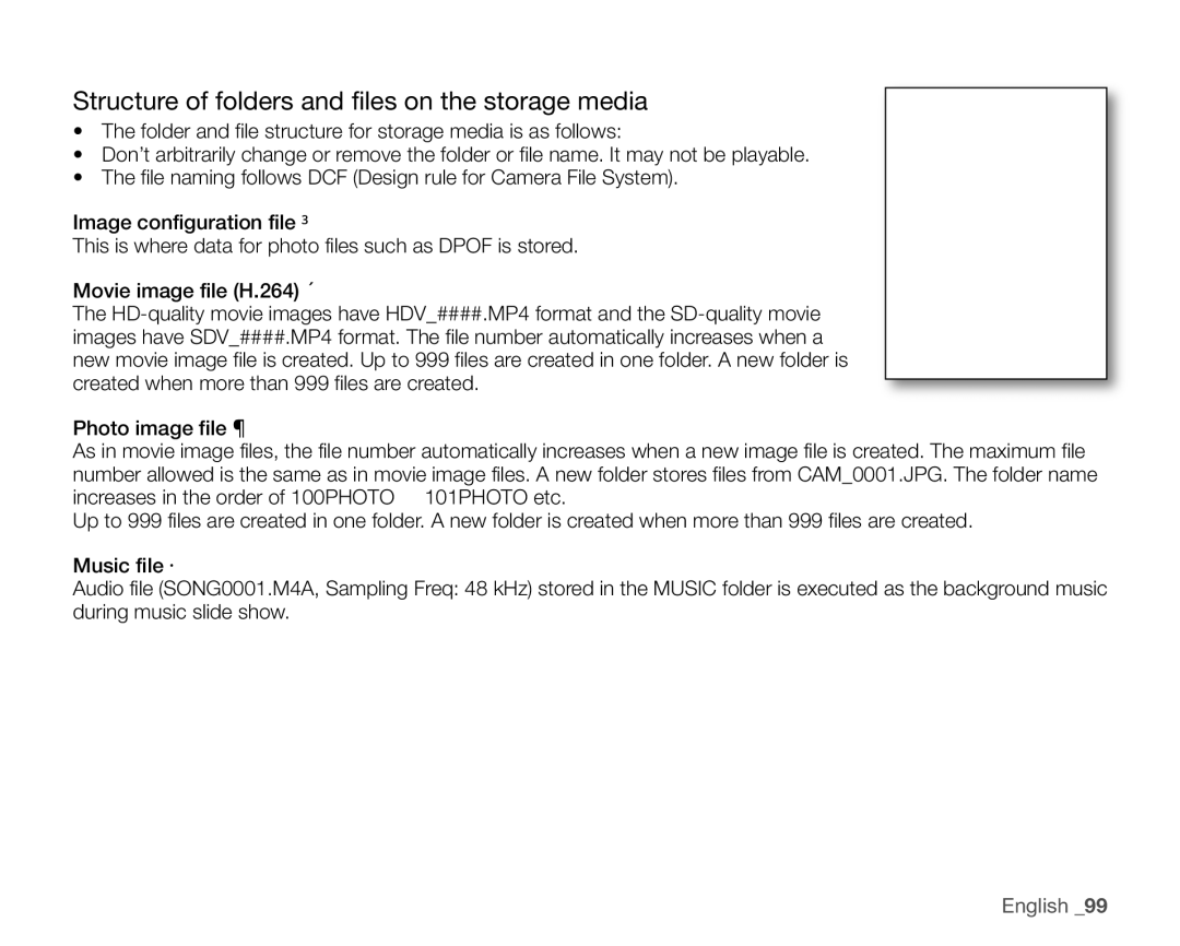 Samsung VP-HMX20C/XEU, VP-HMX20C/EDC, VP-HMX20C/CAN manual Structure of folders and files on the storage media, Misc Video 