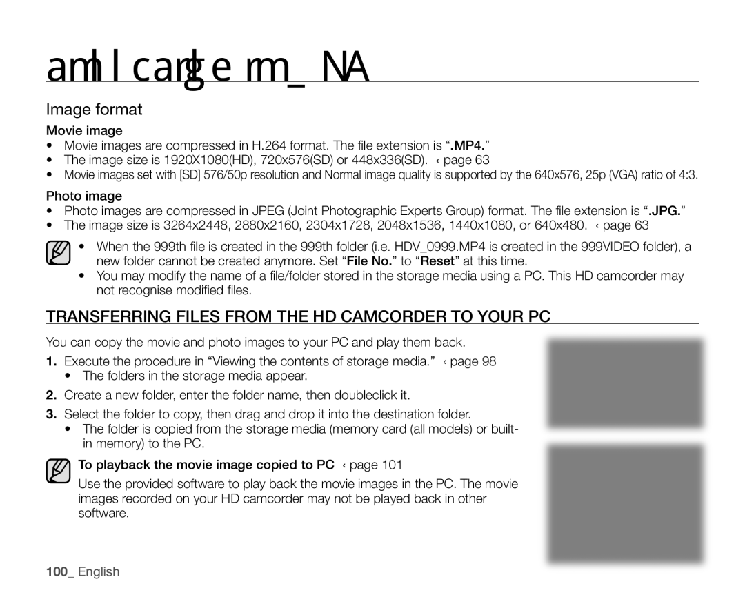 Samsung VP-HMX20C/XEE, VP-HMX20C/EDC, VP-HMX20C/CAN manual Image format, Transferring Files from the HD Camcorder to Your PC 