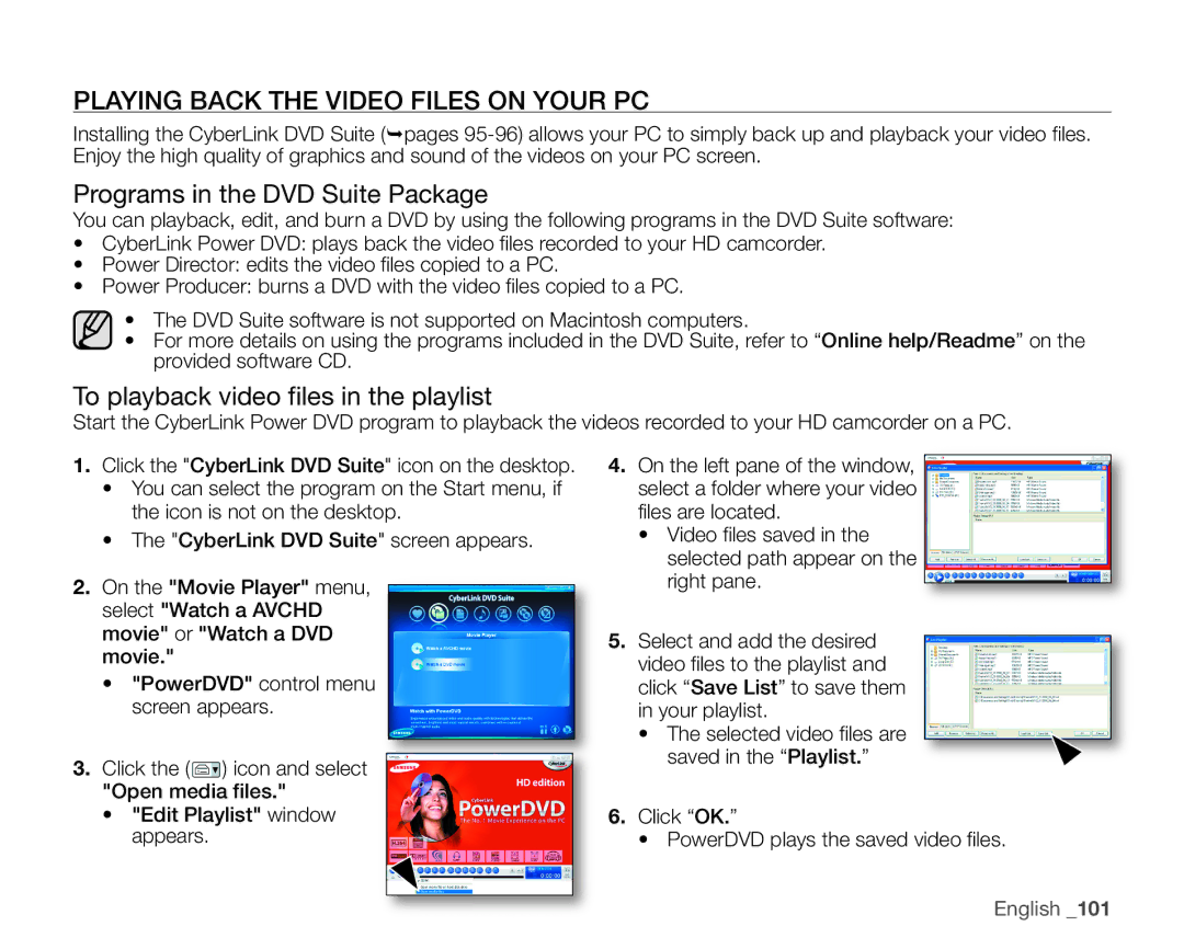Samsung VP-HMX20C/NWT, VP-HMX20C/EDC manual Playing Back the Video Files on Your PC, Programs in the DVD Suite Package 