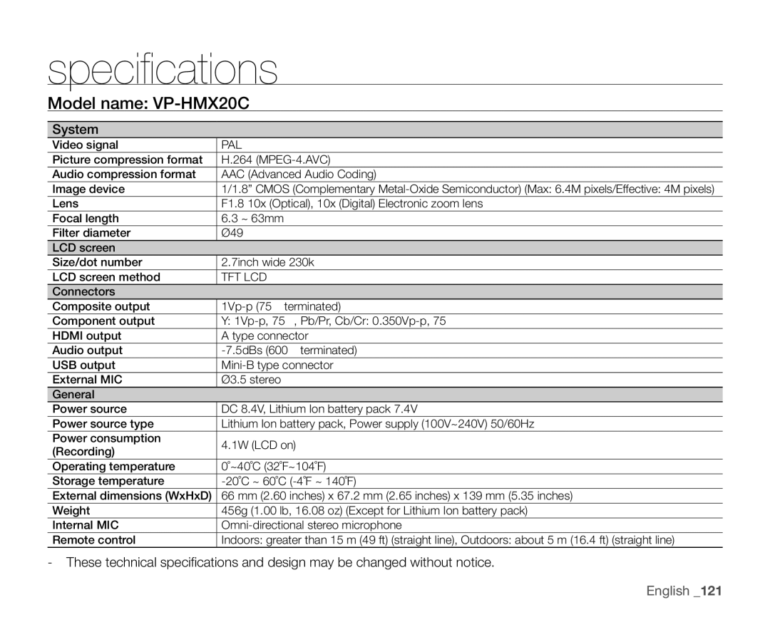 Samsung VP-HMX20C/XEE, VP-HMX20C/EDC, VP-HMX20C/CAN, VP-HMX20C/XEU manual Specifications, Model name VP-HMX20C, System 