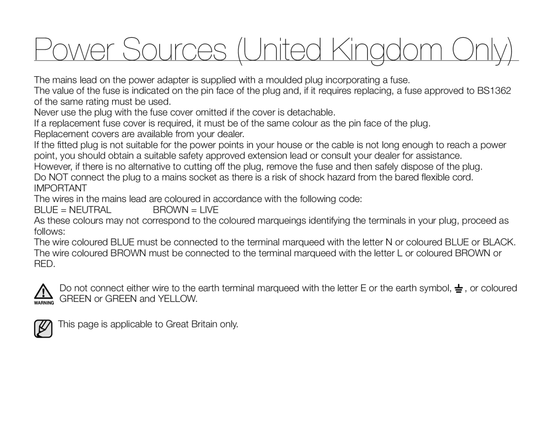 Samsung VP-HMX20C/NWT, VP-HMX20C/EDC, VP-HMX20C/CAN, VP-HMX20C/XEU, VP-HMX20C/XEE manual Power Sources United Kingdom Only 