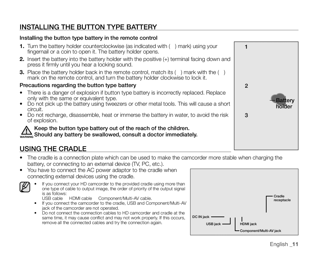 Samsung VP-HMX20C/XER, VP-HMX20C/EDC, VP-HMX20C/CAN, VP-HMX20C/XEU manual Installing the Button Type Battery, Using the Cradle 