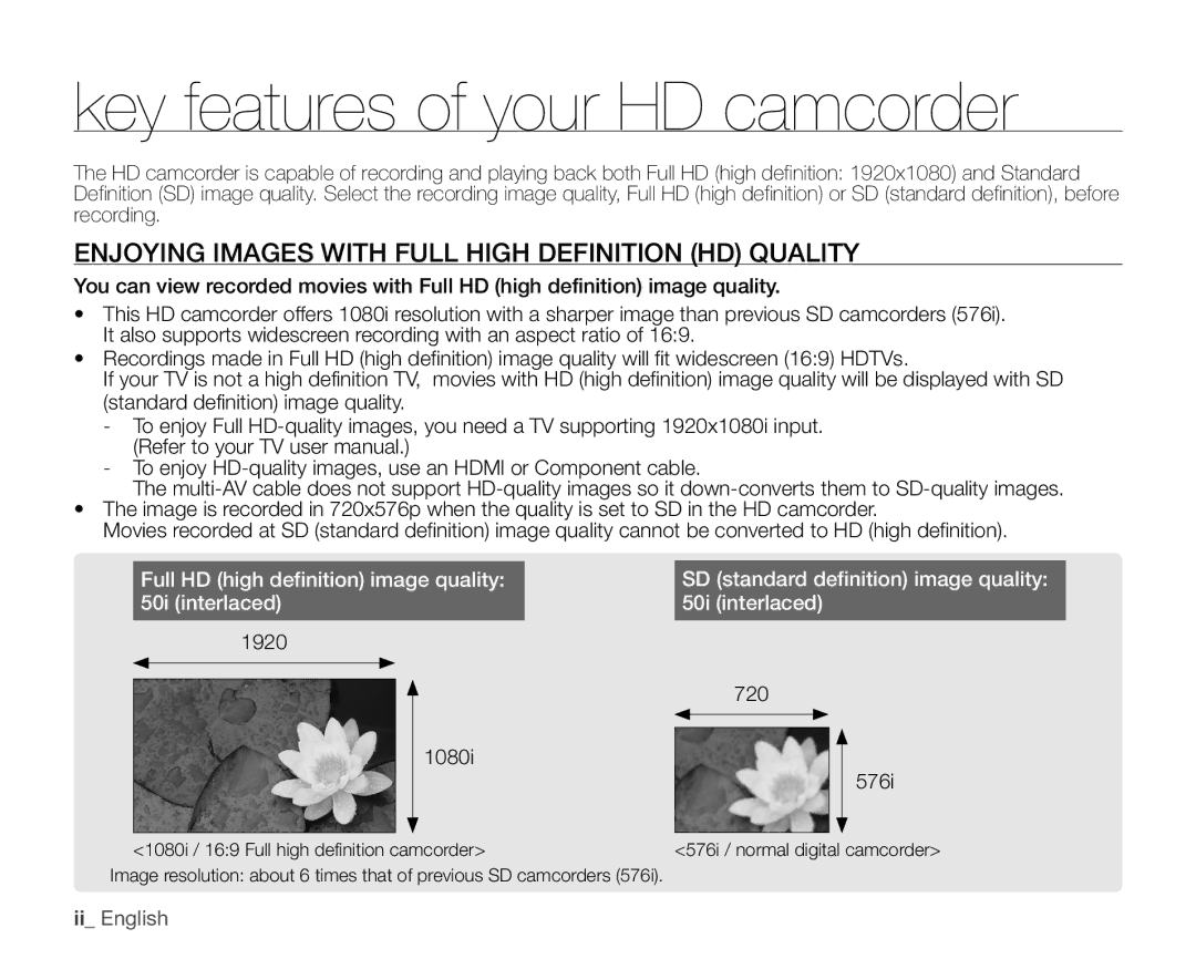 Samsung VP-HMX20C/XEU manual Key features of your HD camcorder, Enjoying Images with Full High Definition HD Quality 