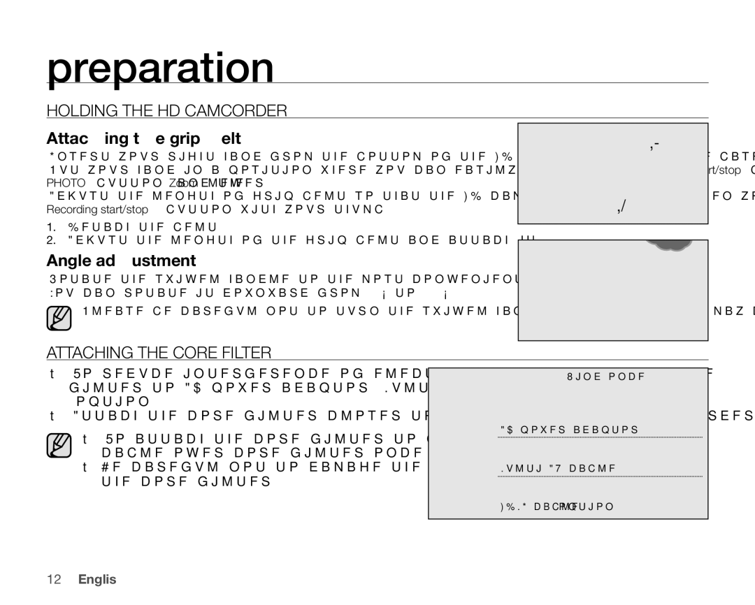 Samsung VP-HMX20C/XEK manual Holding the HD Camcorder, Attaching the grip belt, Angle adjustment, Attaching the Core Filter 