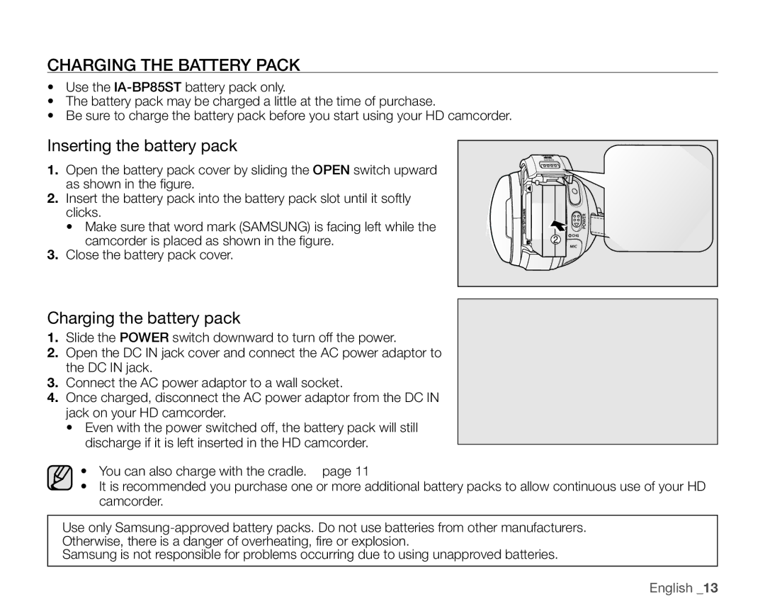 Samsung VP-HMX20C/EDC, VP-HMX20C/CAN manual Charging the Battery Pack, Inserting the battery pack, Charging the battery pack 