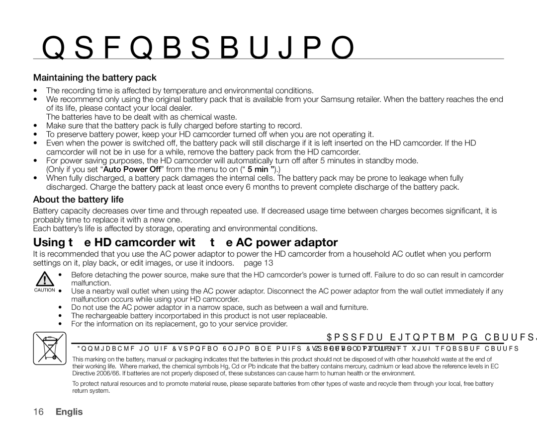 Samsung VP-HMX20C/XEE, VP-HMX20C/EDC manual Using the HD camcorder with the AC power adaptor, Maintaining the battery pack 
