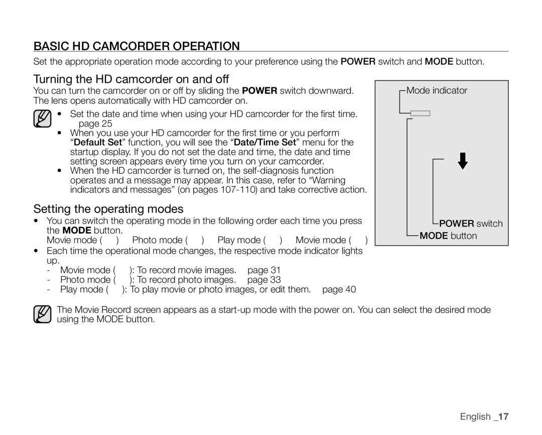 Samsung VP-HMX20C/NWT manual Basic HD Camcorder Operation, Turning the HD camcorder on and off, Setting the operating modes 