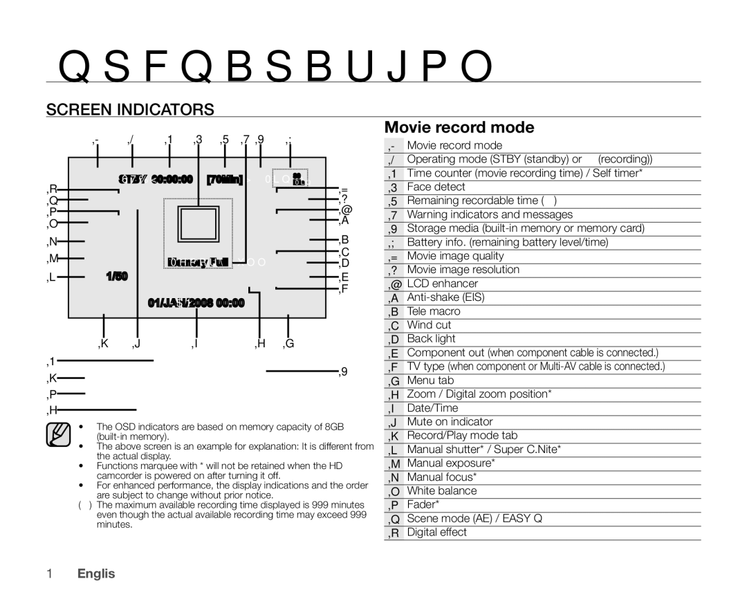 Samsung VP-HMX20C/XER, VP-HMX20C/EDC, VP-HMX20C/CAN, VP-HMX20C/XEU, VP-HMX20C/XEE manual Screen Indicators, Movie record mode 