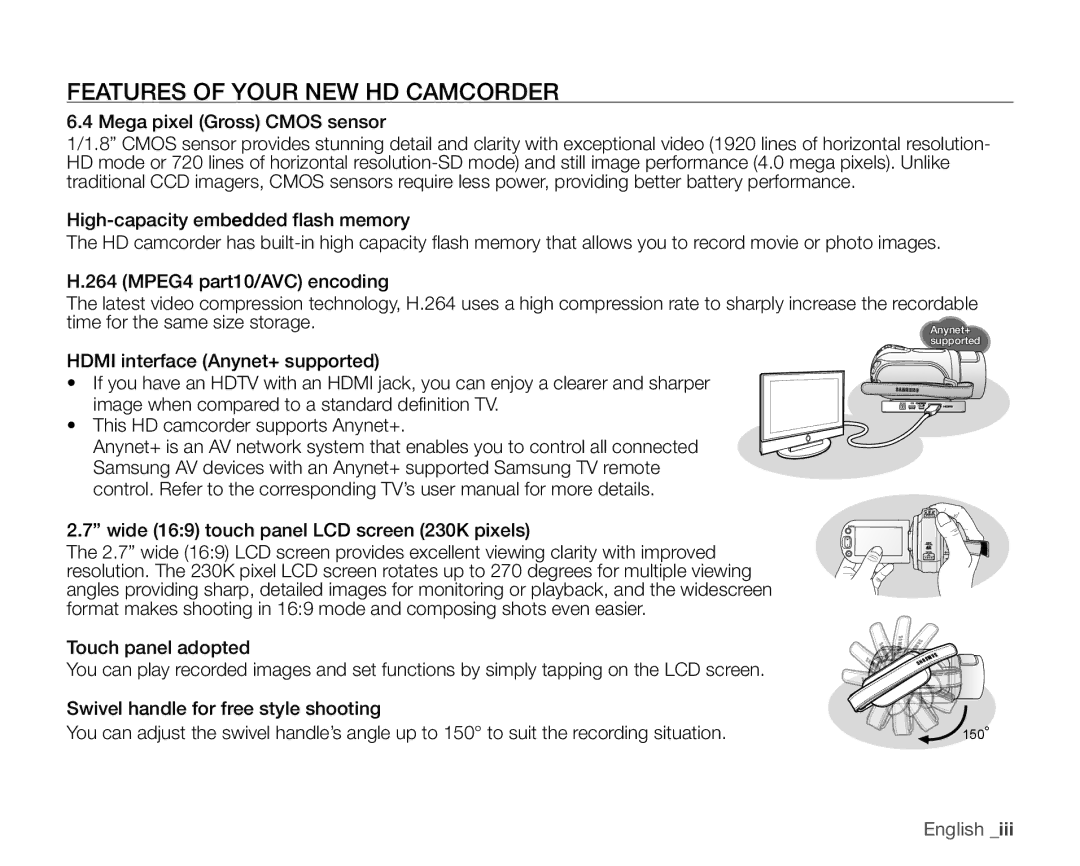 Samsung VP-HMX20C/XEE, VP-HMX20C/EDC, VP-HMX20C/CAN manual Features of Your NEW HD Camcorder, Mega pixel Gross Cmos sensor 