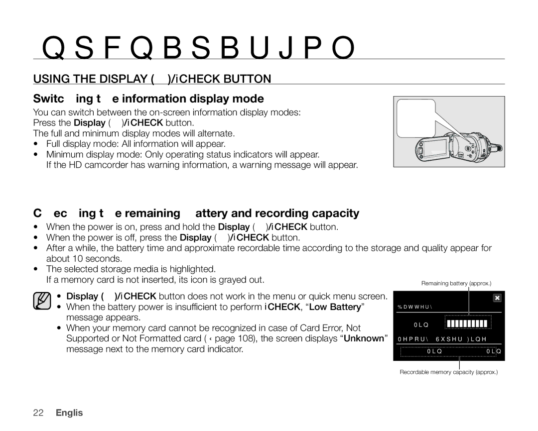 Samsung VP-HMX20C/XEU, VP-HMX20C/EDC, VP-HMX20C/CAN, VP-HMX20C/XEE Checking the remaining battery and recording capacity 