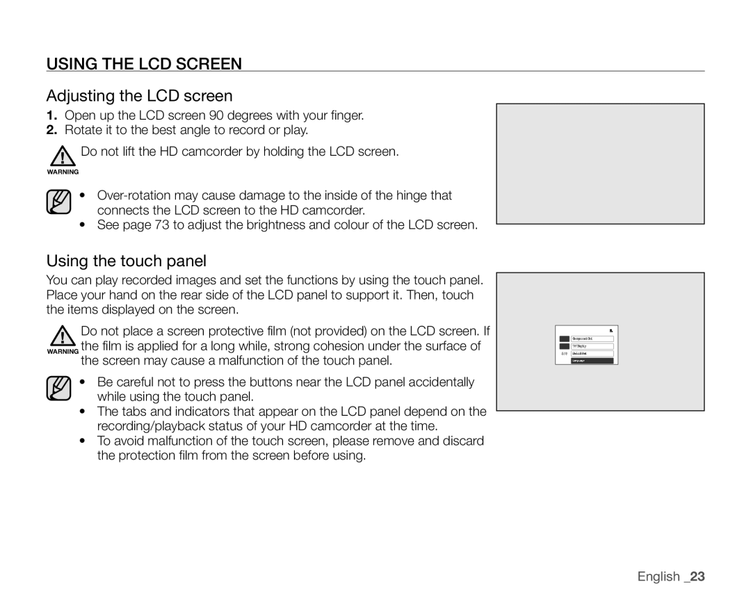 Samsung VP-HMX20C/XEE, VP-HMX20C/EDC, VP-HMX20C/CAN Using the LCD Screen, Adjusting the LCD screen, Using the touch panel 