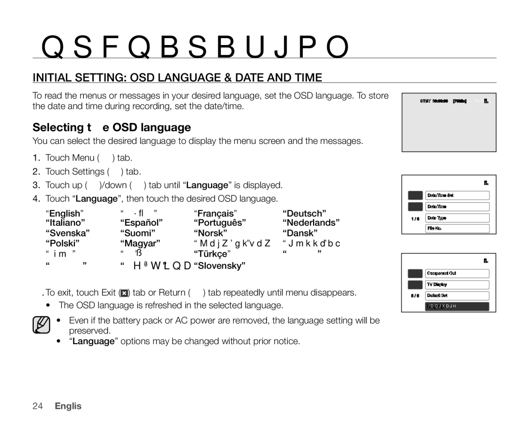 Samsung VP-HMX20C/NWT, VP-HMX20C/EDC manual Initial Setting OSD Language & Date and Time, Selecting the OSD language, Türkçe 