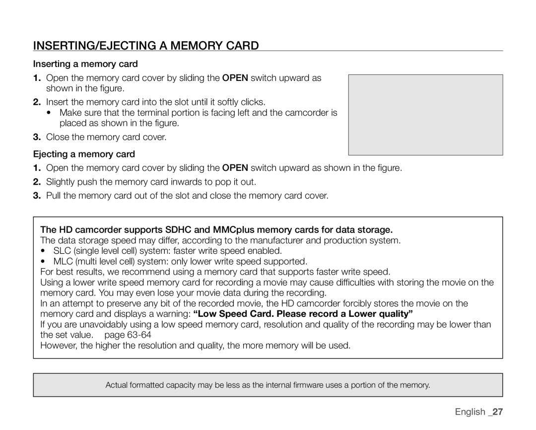 Samsung VP-HMX20C/EDC, VP-HMX20C/CAN, VP-HMX20C/XEU, VP-HMX20C/XEE, VP-HMX20C/NWT manual INSERTING/EJECTING a Memory Card 