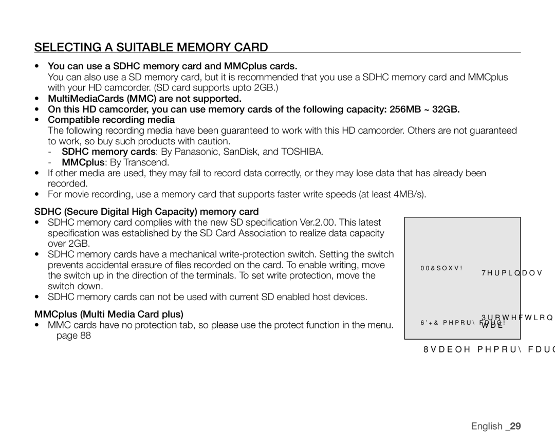 Samsung VP-HMX20C/XEU, VP-HMX20C/EDC, VP-HMX20C/CAN, VP-HMX20C/XEE, VP-HMX20C/NWT manual Selecting a Suitable Memory Card 