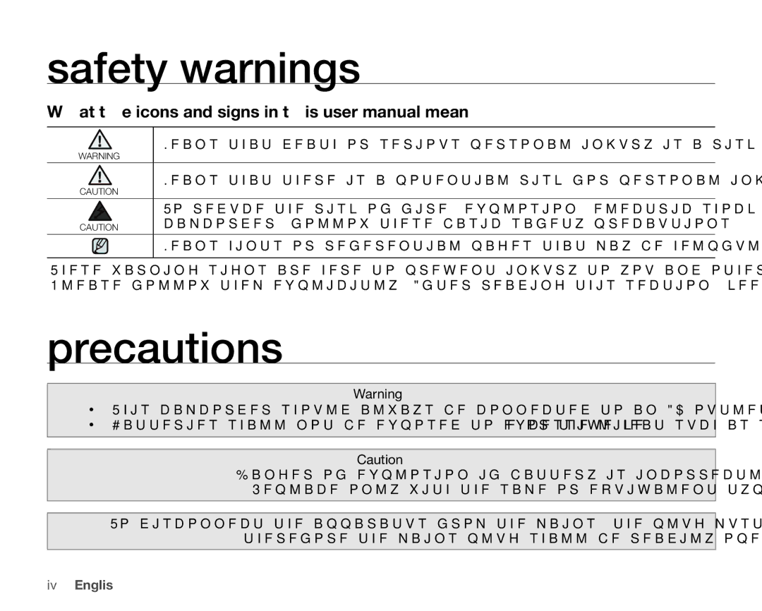 Samsung VP-HMX20C/NWT, VP-HMX20C/EDC manual Safety warnings, Precautions, Camcorder, follow these basic safety precautions 