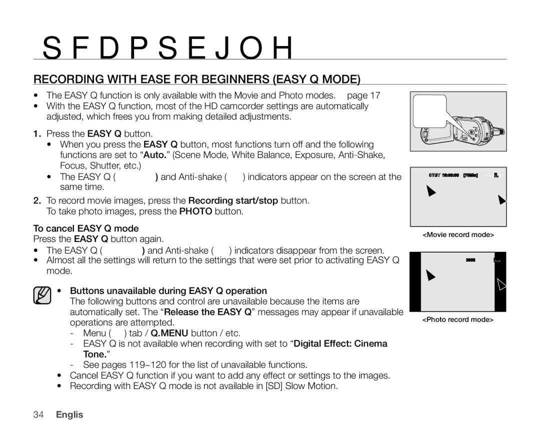 Samsung VP-HMX20C/EDC, VP-HMX20C/CAN, VP-HMX20C/XEU, VP-HMX20C/XEE manual Recording with Ease for Beginners Easy Q Mode 