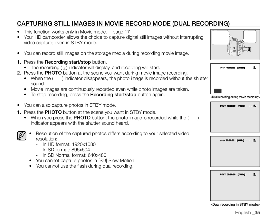 Samsung VP-HMX20C/CAN, VP-HMX20C/EDC, VP-HMX20C/XEU manual Capturing Still Images in Movie Record Mode Dual Recording 