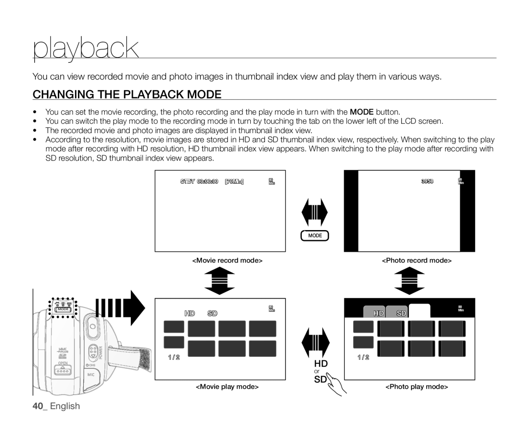 Samsung VP-HMX20C/XEK, VP-HMX20C/EDC, VP-HMX20C/CAN, VP-HMX20C/XEU, VP-HMX20C/XEE manual Changing the Playback Mode 