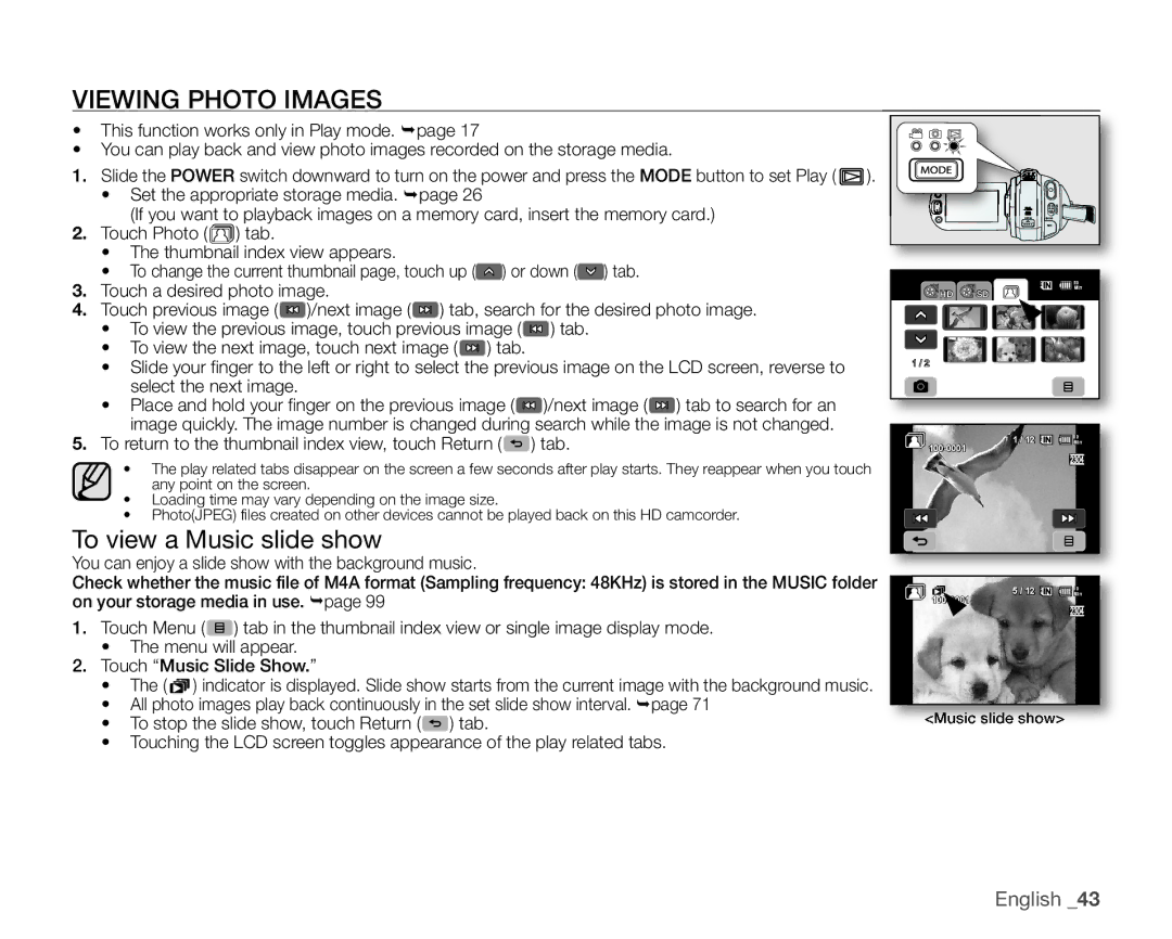 Samsung VP-HMX20C/XEU, VP-HMX20C/EDC, VP-HMX20C/CAN, VP-HMX20C/XEE manual Viewing Photo Images, To view a Music slide show 