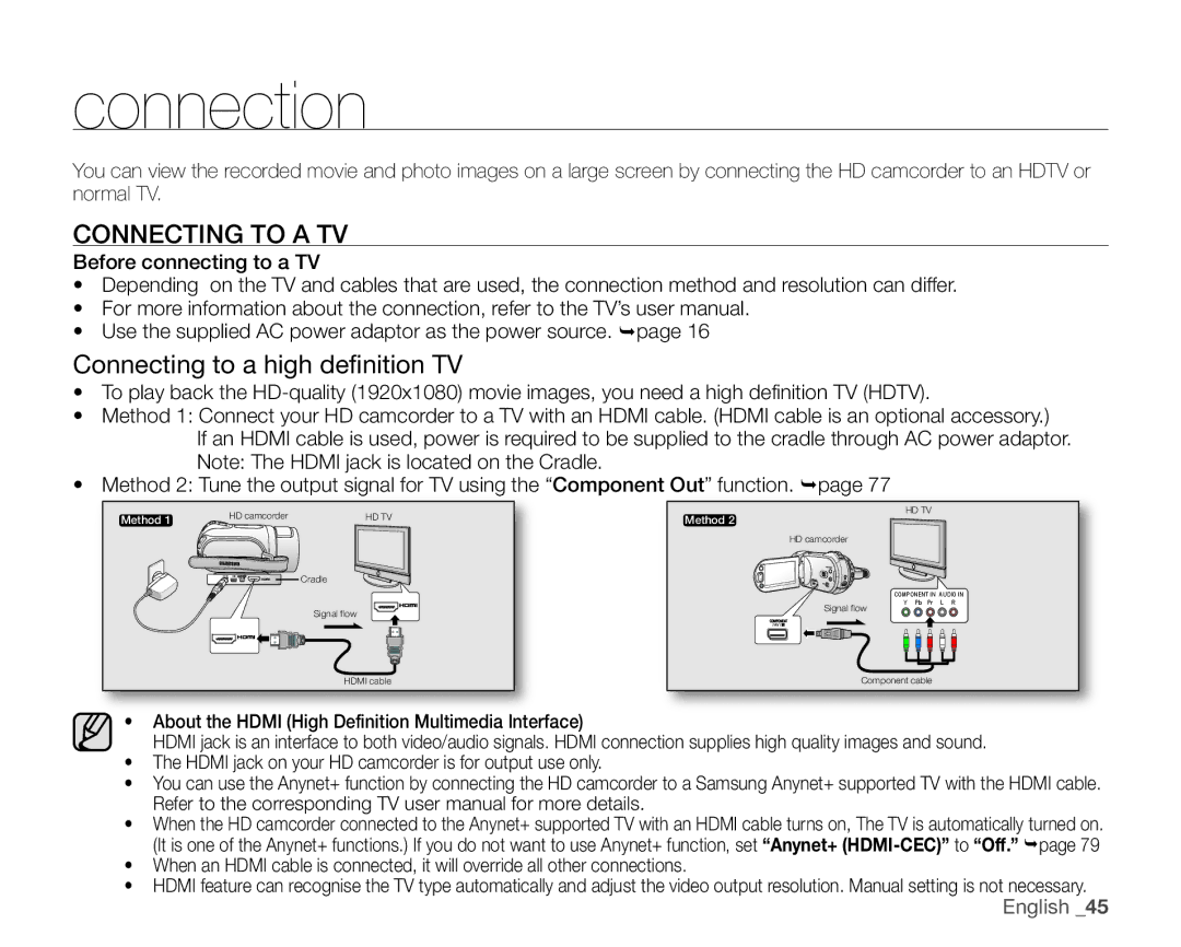 Samsung VP-HMX20C/NWT, VP-HMX20C/EDC, VP-HMX20C/CAN manual Connection, Connecting to a TV, Connecting to a high definition TV 