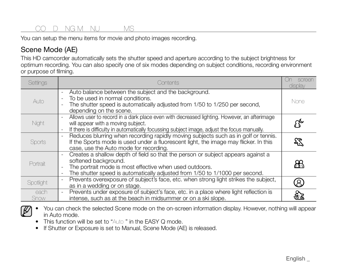 Samsung VP-HMX20C/EDC, VP-HMX20C/CAN Recording Menu Items, Scene Mode AE, Night Will appear with a moving subject, Sports 