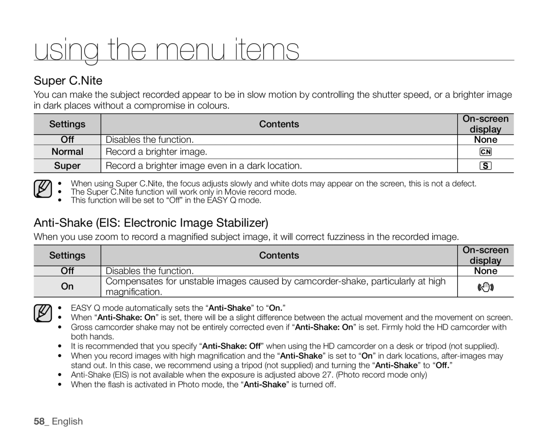 Samsung VP-HMX20C/XEE, VP-HMX20C/EDC, VP-HMX20C/CAN, VP-HMX20C/XEU Super C.Nite, Anti-Shake EIS Electronic Image Stabilizer 