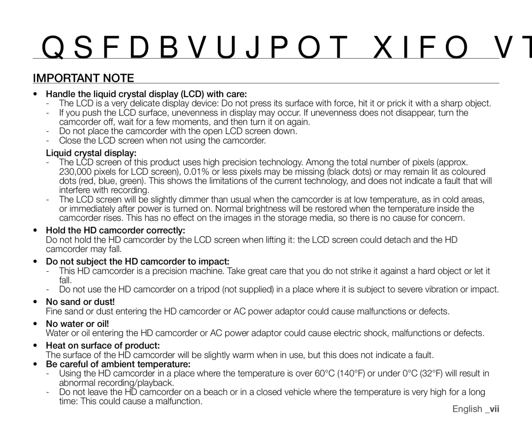 Samsung VP-HMX20C/EDC manual Precautions when using, Important Note, Handle the liquid crystal display LCD with care 