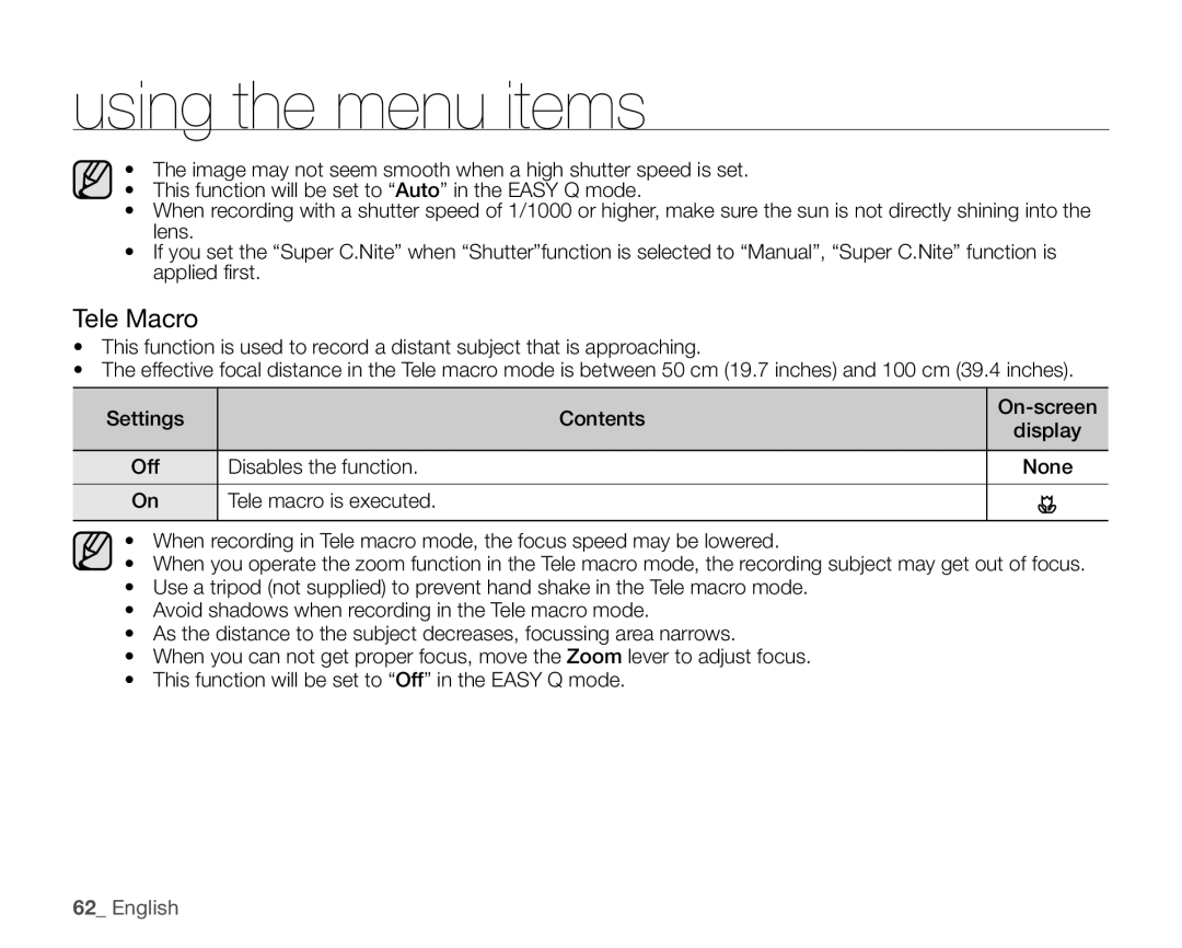 Samsung VP-HMX20C/EDC, VP-HMX20C/CAN, VP-HMX20C/XEU, VP-HMX20C/XEE, VP-HMX20C/NWT manual Tele Macro, Tele macro is executed 