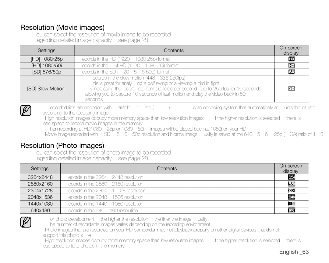 Samsung VP-HMX20C/CAN, VP-HMX20C/EDC, VP-HMX20C/XEU, VP-HMX20C/XEE manual Resolution Movie images, Resolution Photo images 