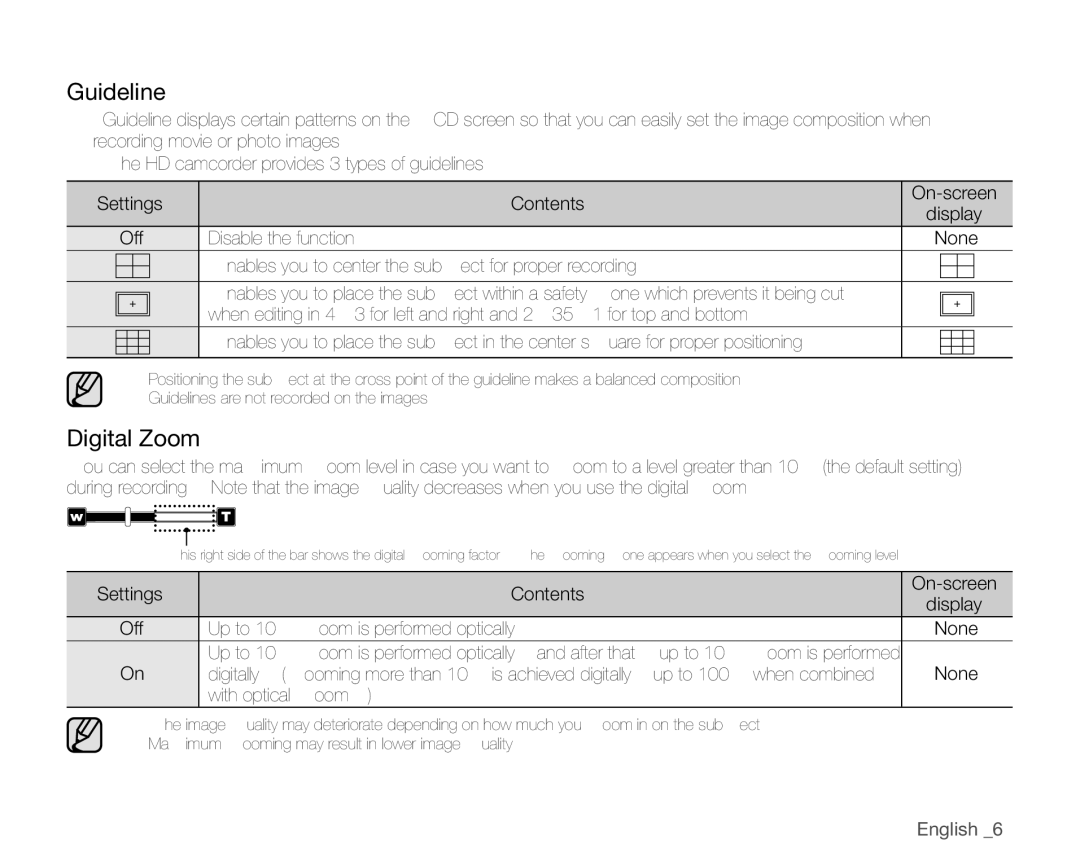 Samsung VP-HMX20C/XER, VP-HMX20C/EDC, VP-HMX20C/CAN Guideline, Digital Zoom, Up to 10X zoom is performed optically None 