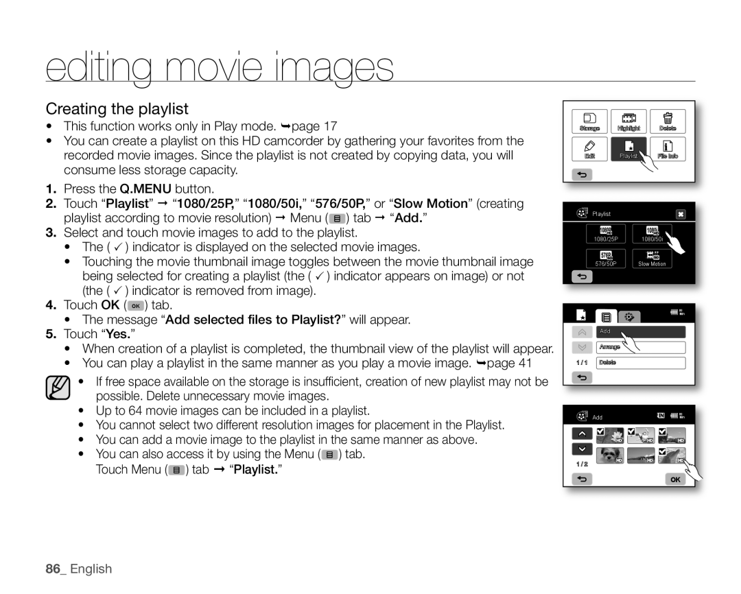 Samsung VP-HMX20C/XEE, VP-HMX20C/EDC, VP-HMX20C/CAN, VP-HMX20C/XEU, VP-HMX20C/NWT, VP-HMX20C/XER manual Creating the playlist 