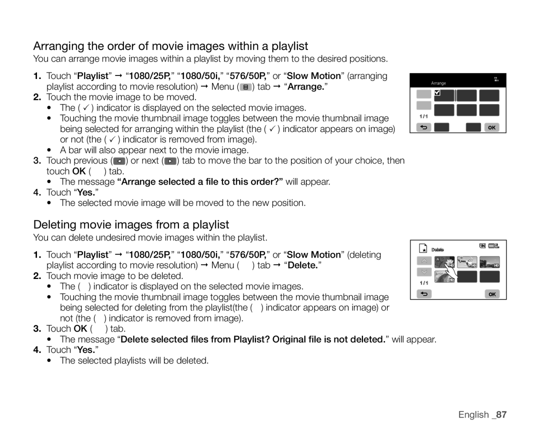 Samsung VP-HMX20C/NWT manual Arranging the order of movie images within a playlist, Deleting movie images from a playlist 