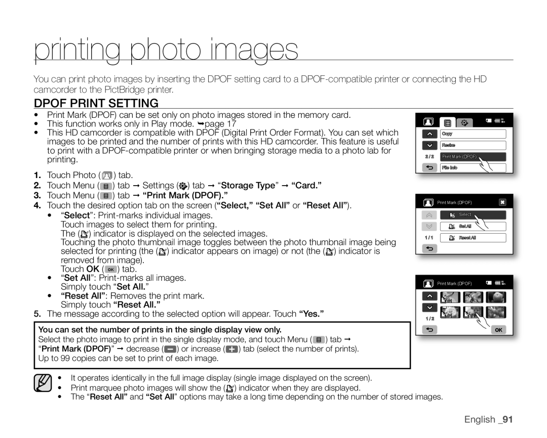 Samsung VP-HMX20C/CAN, VP-HMX20C/EDC, VP-HMX20C/XEU, VP-HMX20C/XEE, VP-HMX20C/NWT Printing photo images, Dpof Print Setting 