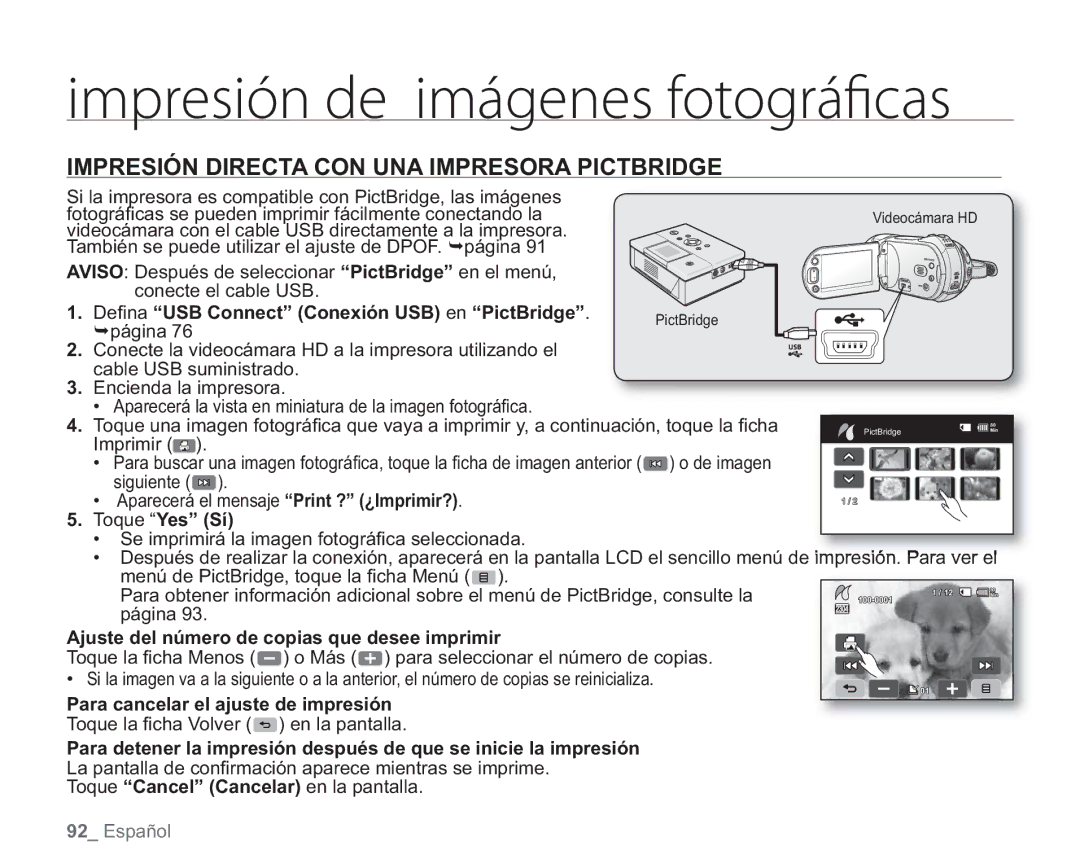 Samsung VP-HMX20C/EDC manual Impresión Directa CON UNA Impresora Pictbridge, Deﬁ na USB Connect Conexión USB en PictBridge 